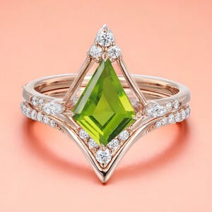 Kite Cut Peridot Engagement Ring: 925 Sterling Silver, Rose Gold Vermeil