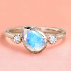 Bague de fiançailles pierre de lune poire : or rose 14 carats vermeil, jonc d&#39;argent sterling
