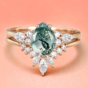 Pear Shaped Moss Agate Engagement Ring Set – Vintage Marquise Moissanite Wedding Band – Rose Gold Cluster Bridal  – 925 Silver or 14K Gold