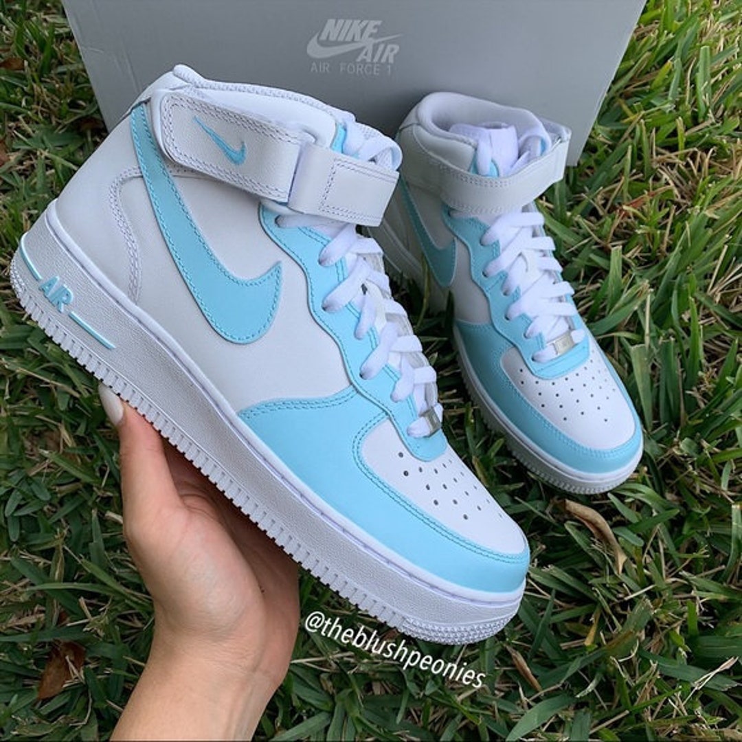 Custom Painted Nike Air Force One Mid-top Light Blue Sneakers - Etsy