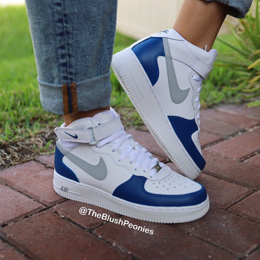 Custom Painted Nike Air Force One Mid-top navy Blue / Gray Swoosh ...
