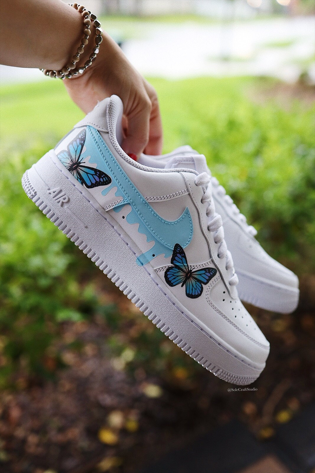 Dripping Blue Custom Air Force 1 Sneakers with Butterflies. Low, Mid & High Top Mid / 15 M / 16.5 W