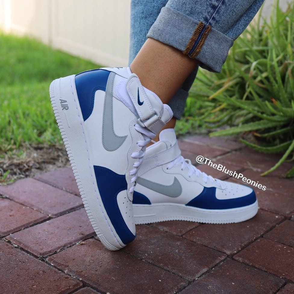 Custom Painted Nike Air Force One Mid-top navy Blue / Gray 