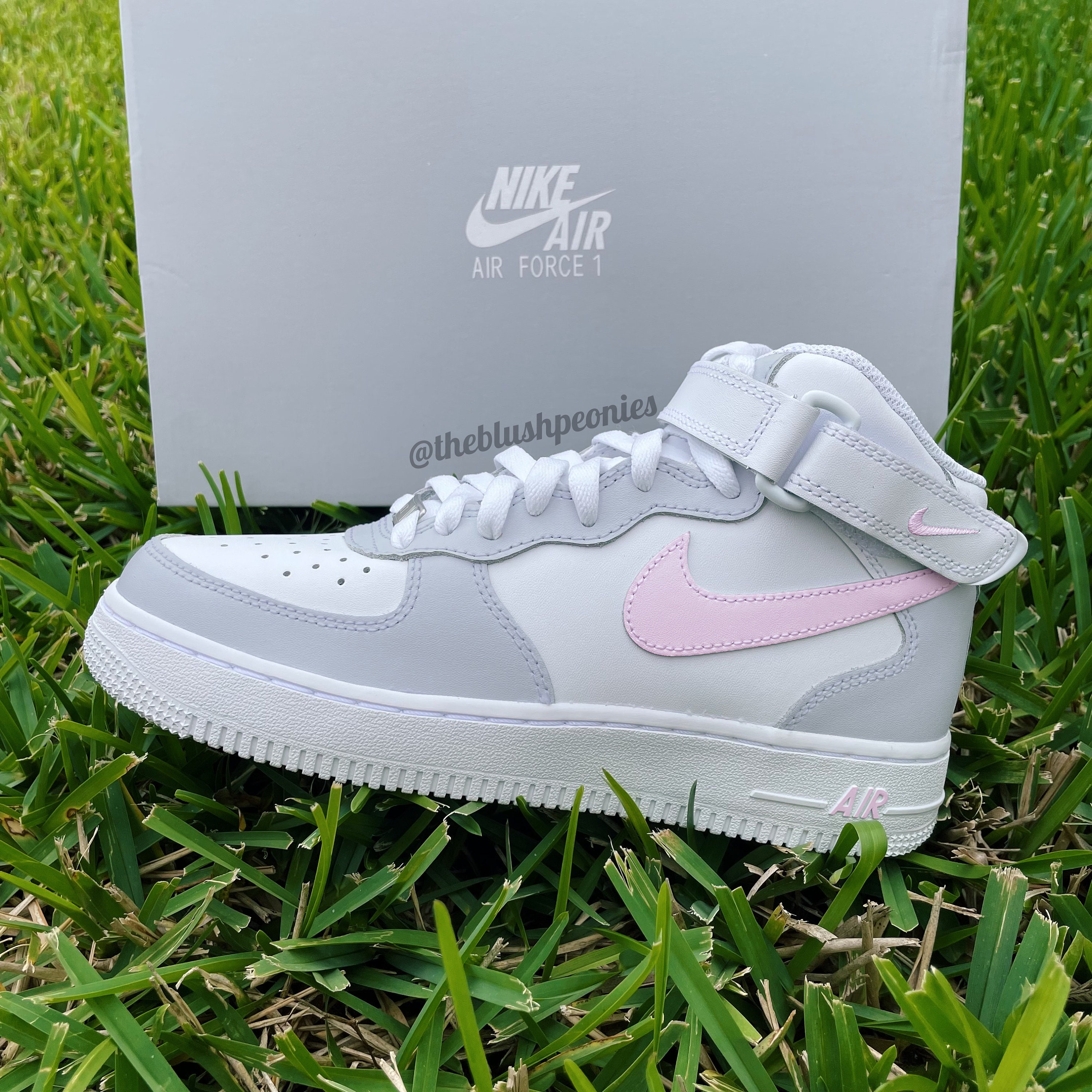 Custom Nike Air Force Ones Light Gray / Pink Swoosh - Custom AF1 Mid -  Custom Painted Shoes for Men and Women