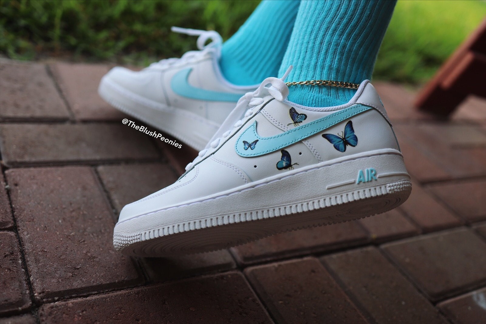 Nike, Shoes, Custom Nike Air Force Low Af1 Blue Butterflies Blue Drip  Swoosh