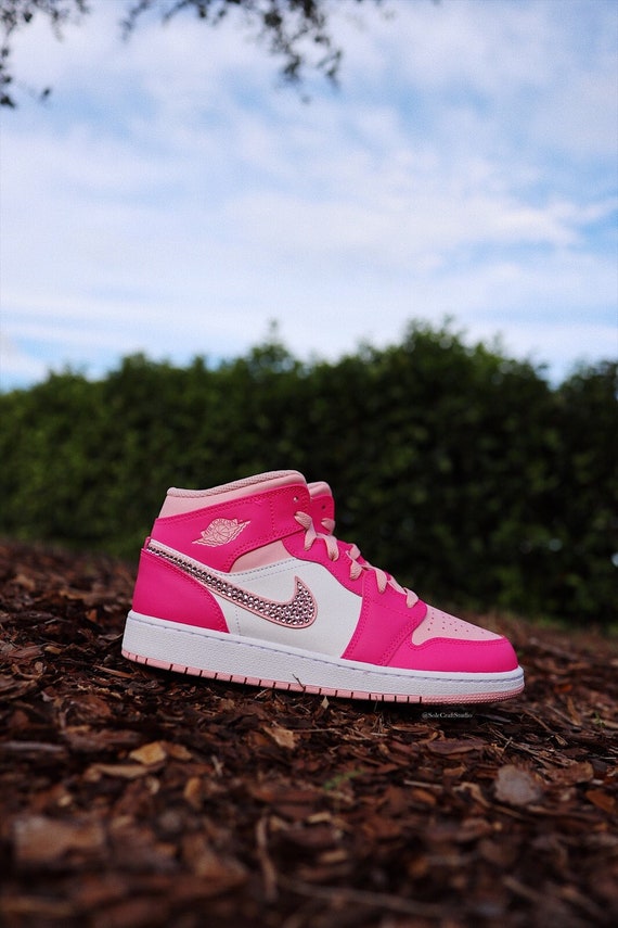 Personalized Nike Jordan 1 Mid hot Pink Jordans With Crystals Air