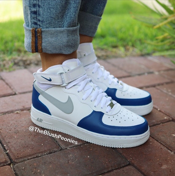 Custom Painted Nike Air Force One Mid-top navy Blue / Gray - Etsy