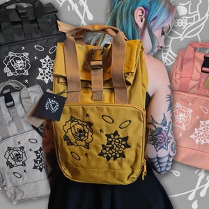 Skulls & Sakura Embroidered Recycled Mini Backpack - Tattoo Inspired School, College or Work Rucksack!