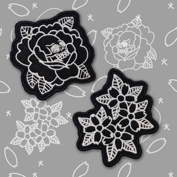 Skull Sakura Iron On Patch - Traditional Tattoo Goth Emo Punk Alternative Embroidered