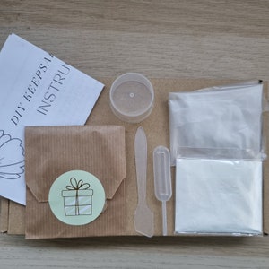 May include: A DIY kit for making slime, including a brown paper envelope with a sticker, a clear plastic container, a clear plastic dropper, a clear plastic spatula, a clear plastic bag with white powder, and a white paper with the text "DIY KEEPSAKE INSTRU"