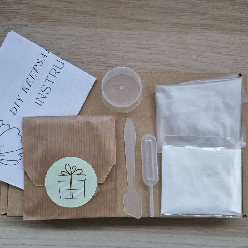 May include: A DIY kit for making slime, including a brown paper envelope with a sticker, a clear plastic container, a clear plastic dropper, a clear plastic spatula, a clear plastic bag with white powder, and a white paper with the text "DIY KEEPSAKE INSTRU"