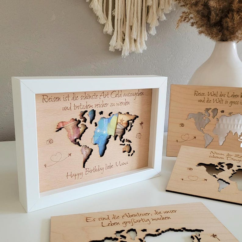Geldgeschenk zum Geburtstag I Geldgeschenk im Bilderrahmen I Geldgeschenk Reise I Geldgeschenk Weltkarte I personalisierte Geschenke


Du suchst nach dem idealen Geldgeschenk für alle, die gerne reisen? Dann ist mein Geldgeschenk im Bilderrahmen mit persönlicher Gravur genau das richtige für dich und garantiert eine Überraschung für jeden Beschenkten!