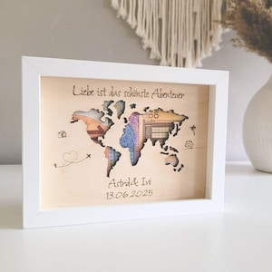 Geldgeschenk Weltkarte I Bilderrahmen für Geldgeschenke - Stilvolle Personalisierte Geschenke zur Hochzeit I Hochzeitsgeschenk Weltkarte