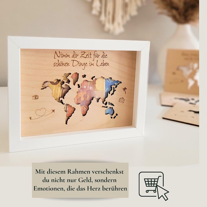 Geldgeschenk zum Geburtstag I Geldgeschenk im Bilderrahmen I Geldgeschenk Reise I Geldgeschenk Weltkarte I personalisierte Geschenke


Du suchst nach dem idealen Geldgeschenk für alle, die gerne reisen?  
🎁 Hochwertig, stilvoll, personalisiert und langlebig. Mein Geldgeschenk Weltkarte vereint alles, um auch hinterher noch lange Freude daran zu haben.
Egal ob Geldgeschenk zum Geburtstag, Geschenk zum Abitur oder einfach als Geldgeschenk für eine Reise