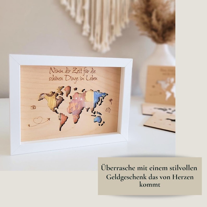 Geldgeschenk zum Geburtstag I Geldgeschenk im Bilderrahmen I Geldgeschenk Reise I Geldgeschenk Weltkarte I personalisierte Geschenke

🎁 Hochwertig, stilvoll, personalisiert und langlebig. Mein Geldgeschenk Weltkarte vereint alles, um auch hinterher noch lange Freude daran zu haben.
Egal ob Geldgeschenk zum Geburtstag, Geschenk zum Abitur oder einfach als Geldgeschenk für eine Reise – es ist die perfekte Mischung aus Geld stilvoll verpacken und personalisierte Geschenke.