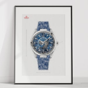 May include: A black and white sketch of a blue and silver wristwatch with a leather strap. The watch face features a detailed design with multiple hands and a date window. The brand name "OMEGA" is printed in red at the top of the image.