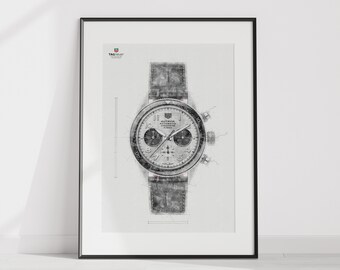 May include: A black and white sketch of a TAG Heuer Autavia chronograph watch with a white face and black hands. The watch has a black leather strap and is framed in a black frame.