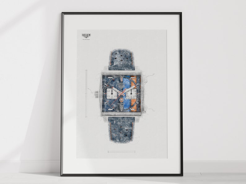 Peut inclure: Un dessin au trait noir et blanc d'une montre argent&eacute;e avec un cadran bleu et orange. La montre a un cadran carr&eacute; et un bracelet en cuir noir. Le dessin est sur fond blanc.