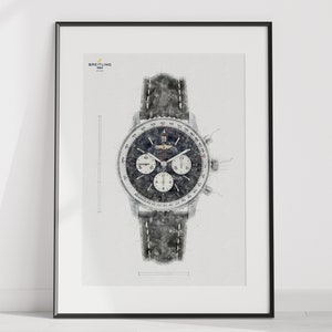 Könnte beinhalten: Eine Schwarzweiß-Aquarellillustration einer silbernen Chronographen-Armbanduhr mit schwarzem Lederband. Das Zifferblatt der Uhr hat einen schwarzen Hintergrund mit weißen Markierungen und Zeigern. Die Uhr ist oben links mit "Breitling" beschriftet.