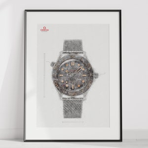 Omega Seamaster diver 300M co-axial master chronometer - no time to die. Ref. 210.90.42.20.01.001 digitally created technical watch drawing