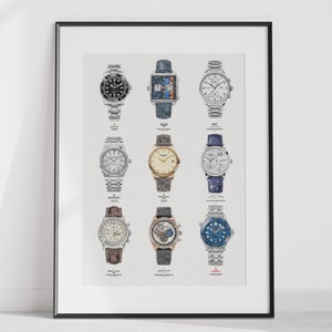 Iconic watches collage - digitally created technical drawing - watch print poster