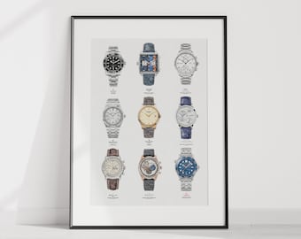 Iconic watches collage - digitally created technical drawing - watch print poster
