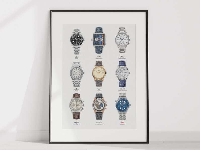 May include: A white poster with a black frame showcasing nine different wristwatches. The watches are arranged in a grid pattern and feature various styles, including chronograph, automatic, and quartz.