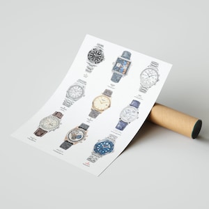 May include: A poster featuring illustrations of nine different wristwatches. The watches are all in various styles and colors, including silver, gold, black, and blue.