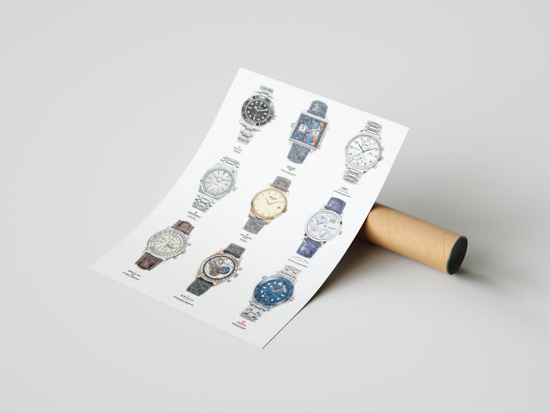 May include: A poster featuring illustrations of nine different wristwatches. The watches are all in various styles and colors, including silver, gold, black, and blue.