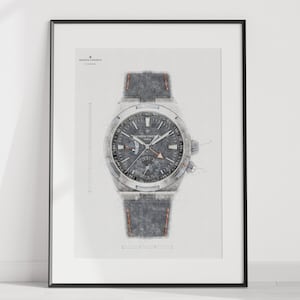 May include: A black and white sketch of a silver wristwatch with a black face and orange accents. The watch has a leather strap and is framed in a black frame.
