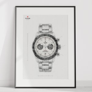 以下が含まれることがあります： 腕時計のデザインのフレームプリント。時計は、黒いサブダイヤルと黒いベゼルを備えた白い文字盤です。時計バンドはシルバーです。チューダーのロゴは左上にあります。プリントは黒いフレームに入っています。