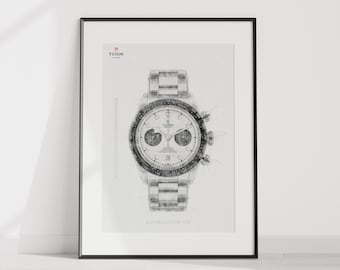 May include: Framed print of a wristwatch design. The watch has a white face with black sub-dials and a black bezel. The watch band is silver. The Tudor logo is in the upper left corner. The print is in a black frame.