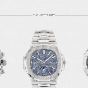 K&ouml;nnte beinhalten: Eine Skizze von drei Luxus-Armbanduhren, bekannt als die Heilige Dreifaltigkeit der Uhrmacherei. Die Uhren sind eine Patek Philippe, eine Audemars Piguet und eine Vacheron Constantin. Jede Uhr hat ein blaues Zifferblatt mit verschiedenen Komplikationen.