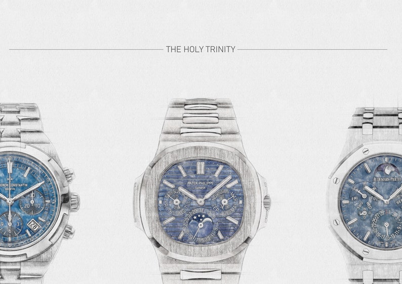 K&ouml;nnte beinhalten: Eine Skizze von drei Luxus-Armbanduhren, bekannt als die Heilige Dreifaltigkeit der Uhrmacherei. Die Uhren sind eine Patek Philippe, eine Audemars Piguet und eine Vacheron Constantin. Jede Uhr hat ein blaues Zifferblatt mit verschiedenen Komplikationen.