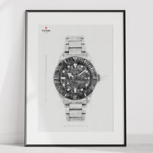 Peut inclure: Un croquis en noir et blanc d'une montre Tudor avec un cadran noir et des aiguilles argent&eacute;es. La montre a un bracelet argent&eacute; et une lunette noire avec des chiffres blancs.