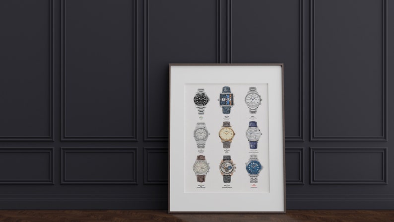 May include: A framed print of nine different wristwatches, each with a unique design and color scheme. The watches are arranged in a grid pattern on a white background.