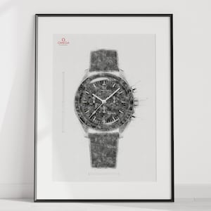 May include: A black and white sketch of a silver chronograph wristwatch with a black face and a black leather band. The watch face has the word "OMEGA" printed on it.