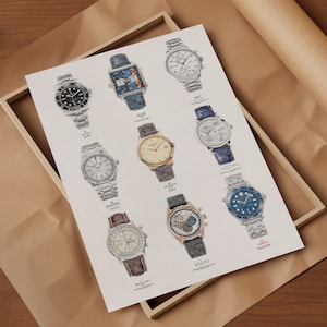 May include: A white poster with images of ten different wristwatches. The watches are arranged in a grid pattern and each watch has a different brand name printed below it. The brands include Rolex, IWC, Jaeger-LeCoultre, A. Lange & S&ouml;hne, Zenith, Omega, and Breitling.