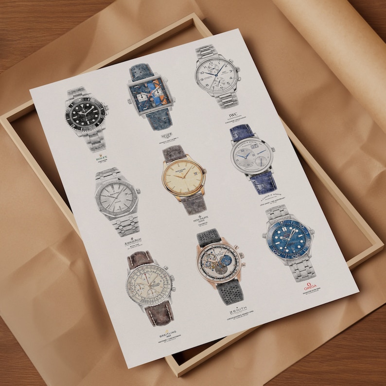 May include: A white poster with images of ten different wristwatches. The watches are arranged in a grid pattern and each watch has a different brand name printed below it. The brands include Rolex, IWC, Jaeger-LeCoultre, A. Lange & S&ouml;hne, Zenith, Omega, and Breitling.