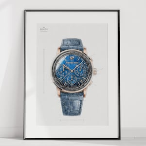 Könnte beinhalten: Eine Aquarellillustration einer blauen und roségoldenen Armbanduhr mit Chronograph. Das Zifferblatt der Uhr trägt die Aufschrift "Jaeger-LeCoultre" und "12".