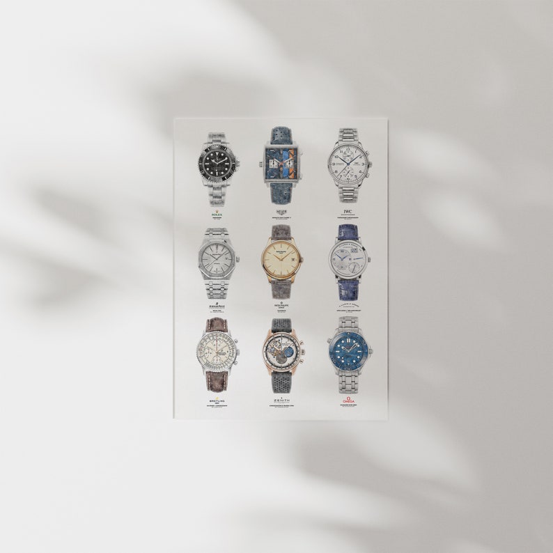 May include: A collage of nine different wristwatches with various styles and designs. The watches are arranged in a grid pattern on a white background.