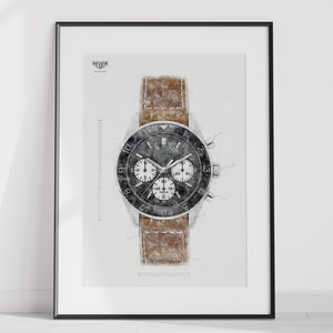 May include: A black and white sketch of a silver chronograph wristwatch with a brown leather strap. The watch face has three subdials and the brand name "HEUER" is printed at the top of the watch face.