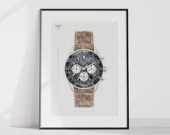 May include: A black and white sketch of a silver chronograph wristwatch with a brown leather strap. The watch face has three subdials and the brand name "HEUER" is printed at the top of the watch face.
