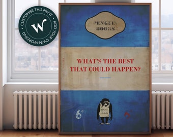 May include: A vintage-style book cover with a blue and white background. The title is "What's the Best That Could Happen?" in red text. The cover also features a penguin logo and a monkey illustration.