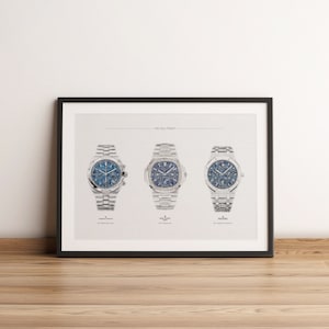 K&ouml;nnte beinhalten: Ein gerahmter Druck von drei silbernen Armbanduhren mit blauen Zifferbl&auml;ttern. Die Uhren sind in einer Reihe angeordnet, wobei die mittlere Uhr etwas gr&ouml;&szlig;er ist als die beiden anderen. Der Druck tr&auml;gt den Titel "Der Himmel ist die Grenze".