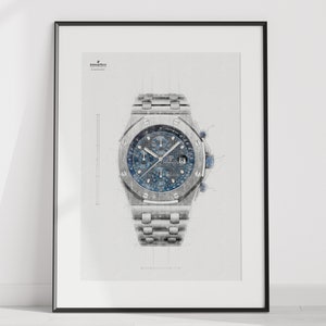 Op de afbeelding: Een ingelijste zwart-witte potloodtekening van een zilveren chronograafhorloge met een blauwe wijzerplaat. Het horloge is gedetailleerd getekend, inclusief de wijzers, de cijfers en de chronograaf functies. De tekening is op een witte achtergrond.