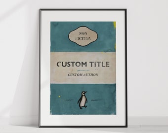 May include: A vintage-style book cover with a teal background and a white penguin illustration. The title is "CUSTOM TITLE" and the author is "CUSTOM AUTHOR". The cover also includes the words "NON FICTION" in a circle.