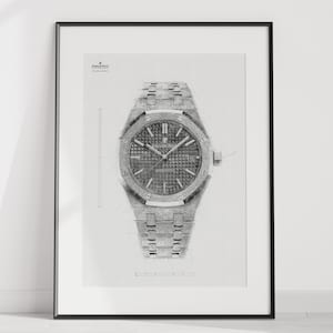 Puede incluir: Un dibujo a lápiz en blanco y negro de un reloj de pulsera con una esfera redonda y una banda de metal. La esfera del reloj tiene un patrón de cuadrícula y el nombre de la marca "Audemars Piguet" está impreso en la esfera.