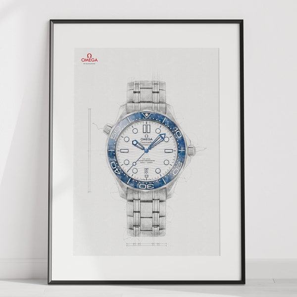 Omega Seamaster diver 300m co-axial master chronometer, Ref. 522.30.42.20.04.001- digitally created technical watch drawing