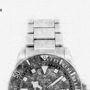 Peut inclure: Un croquis en noir et blanc d'une montre Tudor avec un cadran noir et des aiguilles argent&eacute;es. La montre a un grand cadran rond avec une lunette noire et un bracelet argent&eacute;. Le cadran de la montre comporte un guichet de date &agrave; 3 heures et une petite aiguille des secondes &agrave; 9 heures. La montre est marqu&eacute;e "TUDOR GENEVE" sur le cadran.